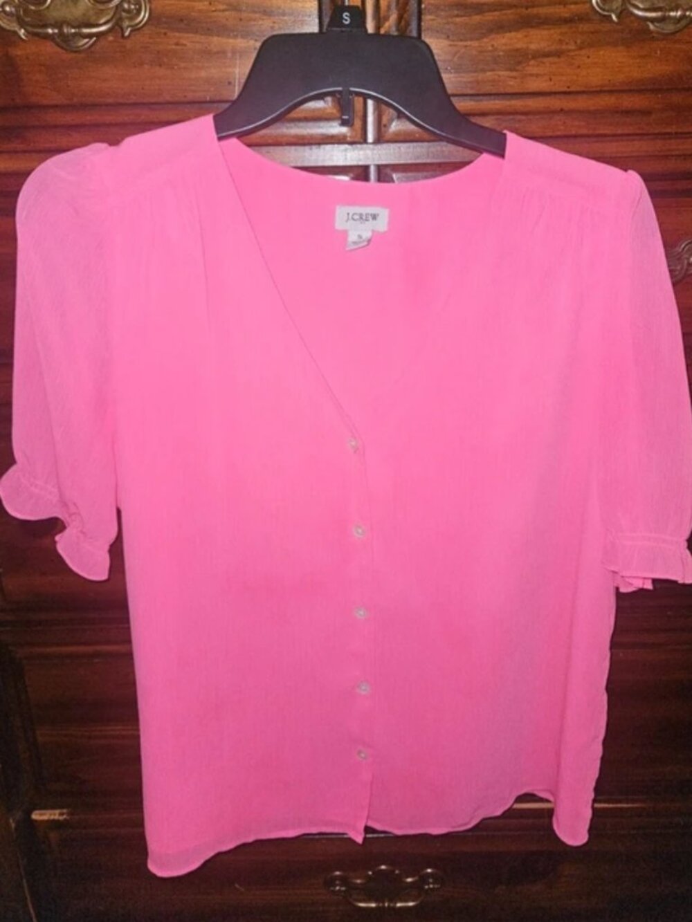 J.Crew Hot Pink V-Neck Button Front Short Sleeve Blouse - Size S